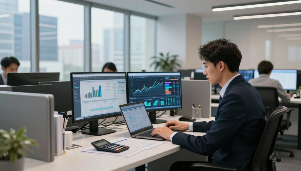 A modern accounting office filled with advanced technology. Foreground features a professional accountant, male or female, in business attire, using a laptop surrounded by digital screens displaying graphs and financial data. The middle layer shows a large, modern desk with accounting tools like a calculator and documents neatly organized. In the background, large windows flood the space with natural light, revealing a bustling cityscape. Soft, ambient lighting enhances the contemporary atmosphere, and a minimalist, stylish decor reinforces the theme of innovation and efficiency. The overall mood is dynamic and focused, reflecting the evolving role of accountants in the digital age.