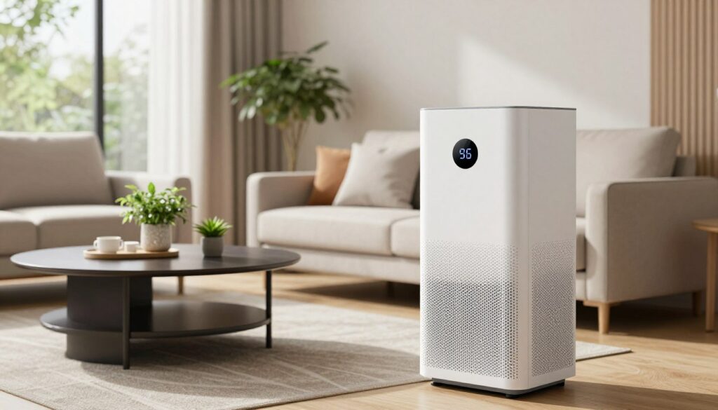 A modern air purifier prominently displayed in a sleek, contemporary living room. In the foreground, the air purifier features a clean, minimalist design with a digital display panel, showcasing its advanced technology. In the middle ground, a cozy sofa and a stylish coffee table filled with indoor plants create a harmonious atmosphere, emphasizing air quality. Soft, natural lighting from a nearby window floods the room, highlighting the purity and freshness of the environment. In the background, gentle greenery outside adds a serene touch, enhancing the overall ambiance. The mood is calm and inviting, perfect for illustrating a healthy living space focused on air quality. The image should be free of any text or branding elements.