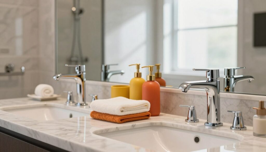 A modern and elegant bathroom scene showcasing Deante products, featuring sleek faucets and stylish sinks arranged neatly on a marble countertop. In the foreground, focus on a polished, chrome faucet with graceful curves, reflecting light beautifully. The middle section reveals a vibrant arrangement of colorful bathroom accessories, like towels and soap dispensers, in complementary tones. The background displays a well-lit, contemporary bathroom with soft natural light streaming through a frosted window, highlighting a luxurious shower area and minimalist decor. The atmosphere is sophisticated and inviting, emphasizing the quality and design of Deante's popular collections. The image should capture a sense of modern living and comfort, with an overall warm and welcoming feel. A modern and elegant bathroom scene showcasing Deante products, featuring sleek faucets and stylish sinks arranged neatly on a marble countertop. In the foreground, focus on a polished, chrome faucet with graceful curves, reflecting light beautifully. The middle section reveals a vibrant arrangement of colorful bathroom accessories, like towels and soap dispensers, in complementary tones. The background displays a well-lit, contemporary bathroom with soft natural light streaming through a frosted window, highlighting a luxurious shower area and minimalist decor. The atmosphere is sophisticated and inviting, emphasizing the quality and design of Deante's popular collections. The image should capture a sense of modern living and comfort, with an overall warm and welcoming feel.