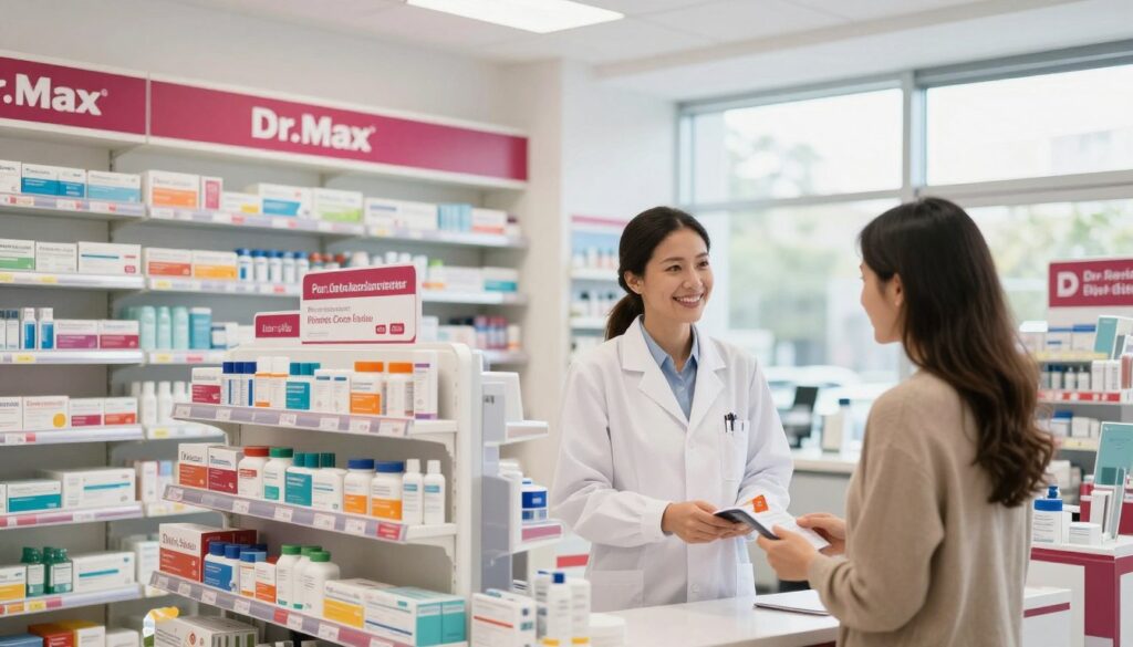 A modern and inviting pharmacy interior featuring a well-organized display of Dr.Max products, with shelves filled with pharmaceutical items and health-related products, emphasizing the brand's unique offerings. In the foreground, a friendly pharmacist in a professional white coat assists a customer in casual business attire, creating a warm and welcoming atmosphere. The middle ground showcases a vibrant section for the private label products, prominently displayed to attract attention. In the background, natural light filters through large windows, illuminating the space and enhancing the cleanliness and professionalism of the pharmacy. The overall mood is informative yet approachable, inviting viewers to explore the extensive product range and online channels available at Dr.Max.