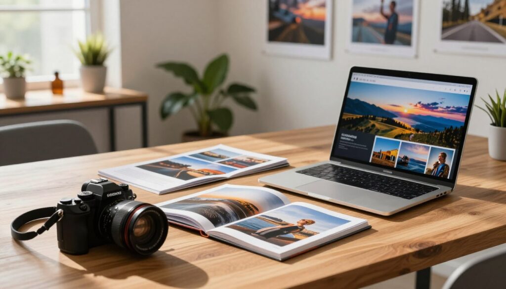 A modern and professional photography portfolio display, featuring an open laptop on a sleek wooden desk, showcasing vibrant images of landscapes and portraits. In the foreground, a stylish camera rests beside the laptop. The middle section includes a printed portfolio book with high-quality glossy pages featuring eye-catching photographs. The background reveals a cozy, well-lit office space with inspirational photography posters on the walls and potted plants adding a touch of greenery. The warm natural lighting from a nearby window creates a welcoming atmosphere, casting soft shadows that enhance the depth. The scene highlights organization and creativity, encapsulating the essence of a photographer's workspace.