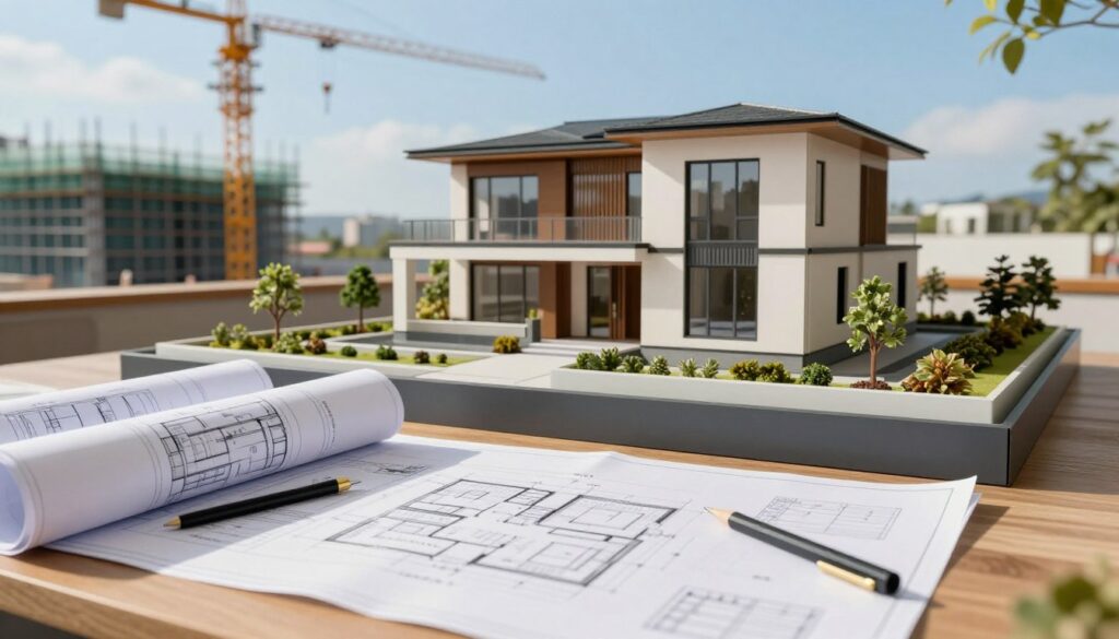 A modern architectural house project rendering, showcasing a sleek and innovative residential design. In the foreground, blueprints and plans are spread on a wooden table, with drawing tools neatly arranged. The middle ground features a 3D model of the house, revealing large windows and a spacious layout with eco-friendly materials. In the background, a serene construction site is depicted, with cranes and scaffolding, under a clear blue sky. Soft natural lighting illuminates the scene, giving a vibrant and hopeful atmosphere. This image captures the essence of home design as a foundation for profits in real estate development, conveying professionalism and creativity in the industry. A modern architectural house project rendering, showcasing a sleek and innovative residential design. In the foreground, blueprints and plans are spread on a wooden table, with drawing tools neatly arranged. The middle ground features a 3D model of the house, revealing large windows and a spacious layout with eco-friendly materials. In the background, a serene construction site is depicted, with cranes and scaffolding, under a clear blue sky. Soft natural lighting illuminates the scene, giving a vibrant and hopeful atmosphere. This image captures the essence of home design as a foundation for profits in real estate development, conveying professionalism and creativity in the industry.