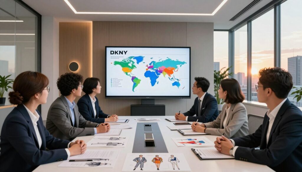 A modern corporate scene illustrating the business model of the DKNY brand. In the foreground, a diverse group of professionals in smart business attire are engaged in a discussion around a sleek conference table, with fashion sketches and product designs spread out before them. The middle ground shows a large digital screen displaying DKNY’s global market reach and licensing strategy in vibrant infographics. In the background, stylish interior featuring contemporary decor, city skyline visible through floor-to-ceiling windows at sunset, casting a warm glow over the room. The lighting is bright and inviting, emphasizing a collaborative and innovative atmosphere, captured with a slight wide-angle lens to convey spaciousness and professionalism.