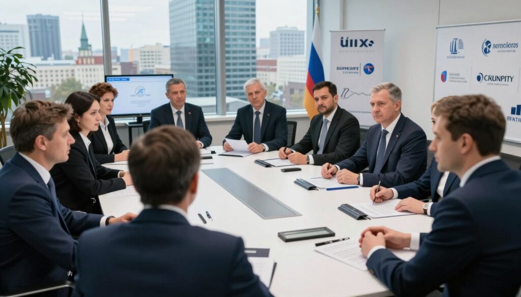 A modern corporate setting showcasing a diverse group of professionals in business attire, gathered around a large conference table. The foreground features a serious discussion taking place among individuals representing various international brands that still operate in Russia. The middle ground includes visual elements like logos of well-known companies and important industry symbols subtly placed on documents and screens. The background reveals a high-rise city skyline with a mix of Russian architectural elements, symbolizing the geopolitical context. The scene is illuminated with soft, natural lighting that creates a neutral and contemplative atmosphere, emphasizing the complexities and controversies surrounding these business decisions. The angle is slightly low, capturing the earnest expressions of the individuals as they engage in a dialogue reflective of the article's theme.