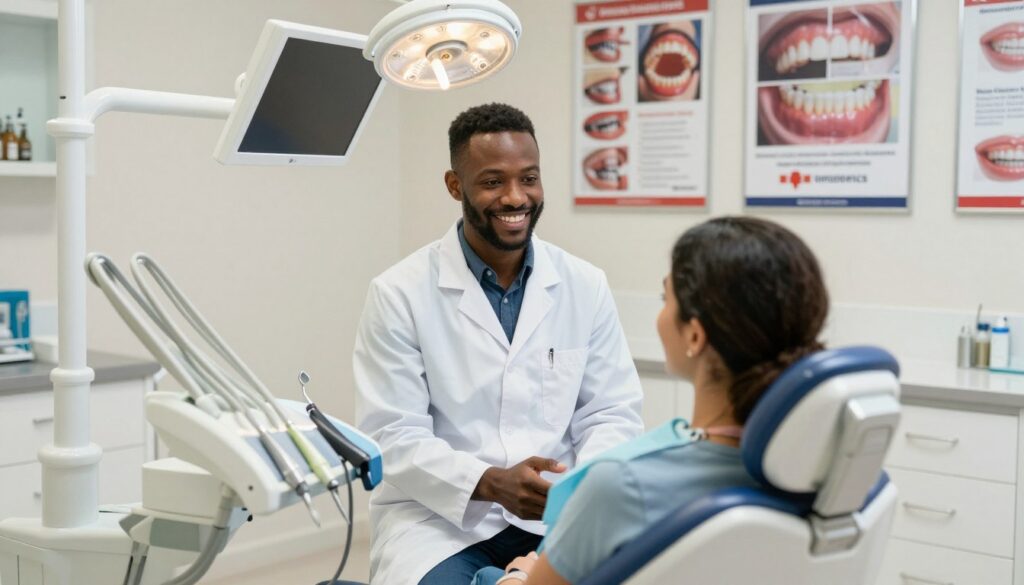 A modern dental clinic interior showcasing various specialties in dentistry. In the foreground, display an organized dental workstation with advanced instruments and tools. In the middle ground, depict a dentist in professional attire, confidently interacting with a patient, both smiling to convey a positive atmosphere. The dentist should be of diverse ethnic background, emphasizing inclusivity. The background should feature posters illustrating different dental specializations, like orthodontics, periodontics, and oral surgery. Soft, natural lighting illuminates the space, creating a warm and inviting ambiance. A slight focus blur adds depth to the scene, emphasizing the connection between the dentist and patient while showcasing the sophisticated environment. A modern dental clinic interior showcasing various specialties in dentistry. In the foreground, display an organized dental workstation with advanced instruments and tools. In the middle ground, depict a dentist in professional attire, confidently interacting with a patient, both smiling to convey a positive atmosphere. The dentist should be of diverse ethnic background, emphasizing inclusivity. The background should feature posters illustrating different dental specializations, like orthodontics, periodontics, and oral surgery. Soft, natural lighting illuminates the space, creating a warm and inviting ambiance. A slight focus blur adds depth to the scene, emphasizing the connection between the dentist and patient while showcasing the sophisticated environment.