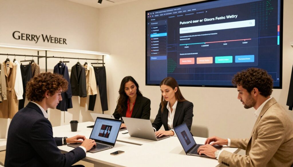A modern e-commerce scene featuring stylish fashion items from Gerry Weber, showcasing a vibrant online shopping experience. In the foreground, a diverse group of four individuals dressed in professional business attire, examining clothing on laptops and tablets, exuding enthusiasm for the brand. The middle layer features a sleek, well-lit workspace adorned with Gerry Weber products displayed on elegant racks, emphasizing the brand's fashion-forward image. The background shows a digital marketing graphic on a large screen, illustrating the transition to e-commerce under new ownership by Grupo Victrix. Warm, diffused lighting creates an inviting atmosphere, and the composition is captured at a dynamic angle, highlighting the connection between fashion and technology. The overall mood is modern, innovative, and full of potential. A modern e-commerce scene featuring stylish fashion items from Gerry Weber, showcasing a vibrant online shopping experience. In the foreground, a diverse group of four individuals dressed in professional business attire, examining clothing on laptops and tablets, exuding enthusiasm for the brand. The middle layer features a sleek, well-lit workspace adorned with Gerry Weber products displayed on elegant racks, emphasizing the brand's fashion-forward image. The background shows a digital marketing graphic on a large screen, illustrating the transition to e-commerce under new ownership by Grupo Victrix. Warm, diffused lighting creates an inviting atmosphere, and the composition is captured at a dynamic angle, highlighting the connection between fashion and technology. The overall mood is modern, innovative, and full of potential.