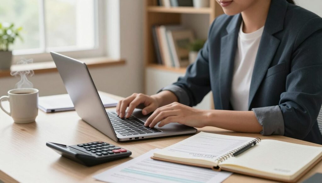 A modern home office scene with a professional individual dressed in smart casual attire, seated at a desk with a laptop open, alongside documents and tax forms. The foreground shows detailed elements like a calculator, a steaming cup of coffee, and a notepad filled with calculations. The middle of the image features a large window allowing soft, natural light to flood the room, enhancing a productive atmosphere. In the background, soft shelves filled with books on taxation and finance, and a plant to add a touch of warmth. The overall mood is focused and serene, conveying a sense of diligence and responsibility regarding remote work taxes and contributions. Use bright yet warm lighting to create an inviting space, shot from a slightly elevated angle.