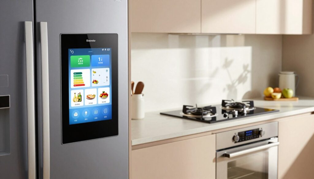 A modern kitchen showcasing innovative Electrolux appliances that emphasize advanced technologies and user-friendly functions. In the foreground, a sleek refrigerator with a touchscreen interface displays smart features like energy efficiency indicators and grocery inventory management. The middle ground features a stylish induction cooktop with digital controls and an oven with built-in cooking assistance. In the background, natural light streams through a large window, creating a warm and inviting atmosphere. The interior design is contemporary, with clean lines and harmonious colors. The scene conveys a sense of comfort and efficiency, highlighting how these technologies simplify daily life. Capture the image from an eye-level angle, emphasizing the usability and design of the appliances.