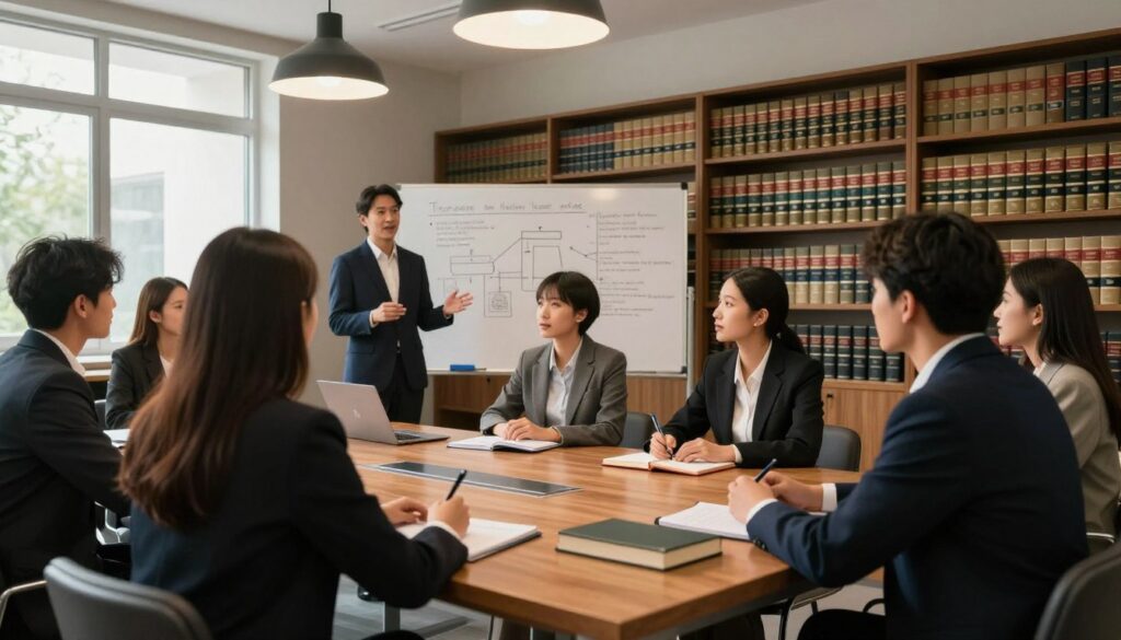 A modern law school classroom setting, featuring a diverse group of students in professional business attire engaged in a lively discussion about legal studies. The foreground showcases a pair of students seated around a wooden table, with law books and notebooks scattered. In the middle, a whiteboard filled with legal concepts and diagrams can be seen, alongside a lecturer passionately explaining a topic to the class. The background includes tall bookshelves crammed with legal texts, under warm ceiling lights that create an inviting atmosphere. Soft natural light filters in through large windows, casting gentle shadows, enhancing the focus on the students' engaging expressions. Overall, the mood is inspiring and educational, reflecting the pursuit of knowledge in the field of law. A modern law school classroom setting, featuring a diverse group of students in professional business attire engaged in a lively discussion about legal studies. The foreground showcases a pair of students seated around a wooden table, with law books and notebooks scattered. In the middle, a whiteboard filled with legal concepts and diagrams can be seen, alongside a lecturer passionately explaining a topic to the class. The background includes tall bookshelves crammed with legal texts, under warm ceiling lights that create an inviting atmosphere. Soft natural light filters in through large windows, casting gentle shadows, enhancing the focus on the students' engaging expressions. Overall, the mood is inspiring and educational, reflecting the pursuit of knowledge in the field of law.