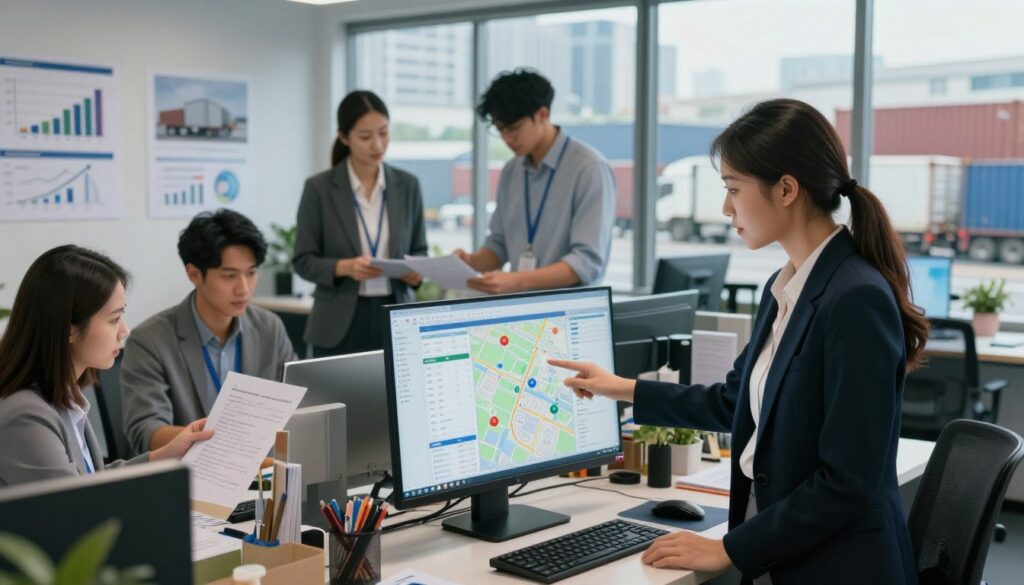 A modern logistics office environment illustrating the planning process of a freight forwarding company. In the foreground, a focused female logistics manager in professional business attire is analyzing data on a large screen displaying maps and shipment schedules. The middle layer features a collaborative workspace with diverse team members, including a male analyst and a female coordinator, engaged in discussion and examining documents. Charts and graphs related to transportation logistics are visible on the walls. In the background, large windows reveal a bustling cityscape with trucks and shipping containers to convey the industry context. Soft, natural light filters through the windows, creating an efficient, forward-thinking atmosphere that symbolizes precision and strategy in logistics management. The overall mood is professional and dynamic, emphasizing teamwork and innovation.