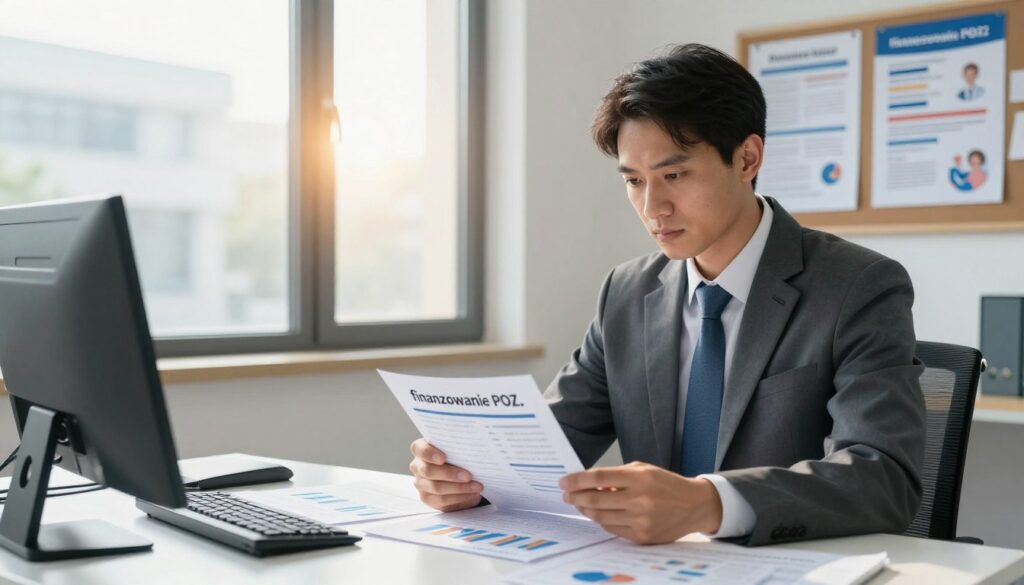 A modern medical office setting illustrating the concept of "finansowanie POZ." In the foreground, a professional doctor in a suit, examining financial reports on a desk filled with charts and graphs, symbolizing salary components. In the middle, a large window demonstrates natural light streaming in, casting a warm glow over the room. Behind the doctor, a bulletin board displays various policy documents and healthcare posters that emphasize the systemic elements influencing physician salaries. The atmosphere is focused and serious, capturing the complexities of financial mechanics in healthcare. The scene is well-composed with a slight angle, showcasing depth and clarity, creating an engaging visual narrative without any text or distractions.