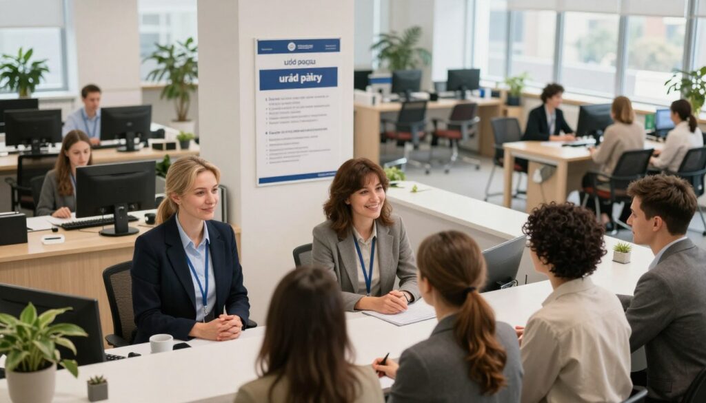 A modern office environment depicting a local job center, known as "urząd pracy." In the foreground, a diverse group of individuals, including a middle-aged woman and a young man, dressed in professional business attire, are engaged in a conversation with a friendly staff member at a reception desk. The middle ground features informational posters about job registration steps. The background includes rows of computers, waiting areas with chairs, and plants for a welcoming atmosphere. Soft, natural lighting streams in through large windows, creating a warm, inviting ambiance. The perspective is from slightly above, offering an overview of the bustling yet orderly scene, conveying a sense of professionalism and support in the job registration process. A modern office environment depicting a local job center, known as "urząd pracy." In the foreground, a diverse group of individuals, including a middle-aged woman and a young man, dressed in professional business attire, are engaged in a conversation with a friendly staff member at a reception desk. The middle ground features informational posters about job registration steps. The background includes rows of computers, waiting areas with chairs, and plants for a welcoming atmosphere. Soft, natural lighting streams in through large windows, creating a warm, inviting ambiance. The perspective is from slightly above, offering an overview of the bustling yet orderly scene, conveying a sense of professionalism and support in the job registration process.
