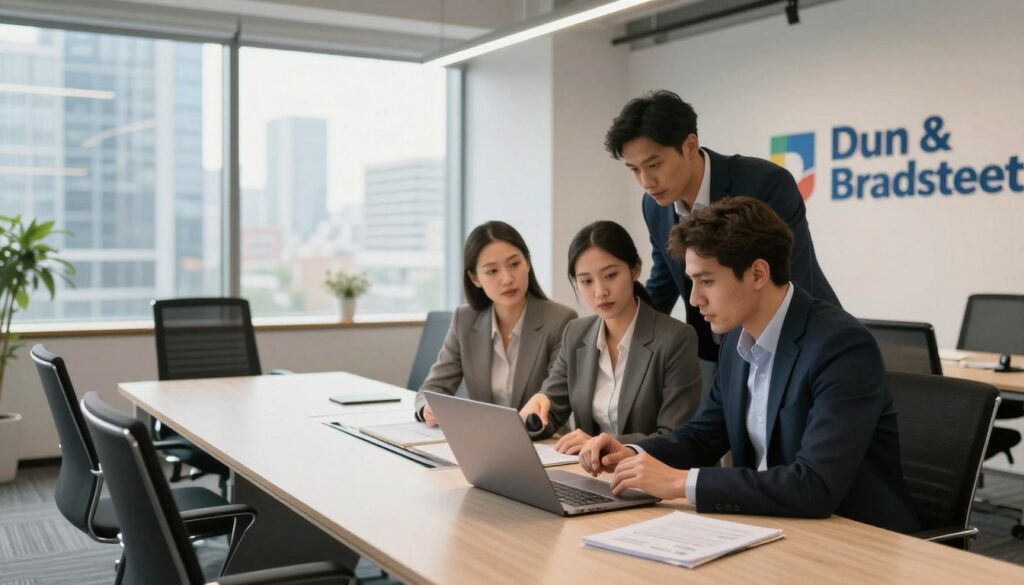 A modern office environment in Poland showcasing the essence of Dun & Bradstreet's presence in the local market. In the foreground, a diverse group of three professionals, two men and one woman, dressed in smart business attire, discussing data insights over a laptop. The middle ground features a sleek conference table surrounded by stylish office chairs and large windows allowing natural light to flood the space, with city skyscrapers faintly visible in the background. The ambiance is productive and sophisticated, emphasizing collaboration and innovation. Soft, warm lighting enhances the professional atmosphere. The lens captures the scene from a slightly elevated angle, providing a clear view of both the professionals’ engagement and the modern workspace design.