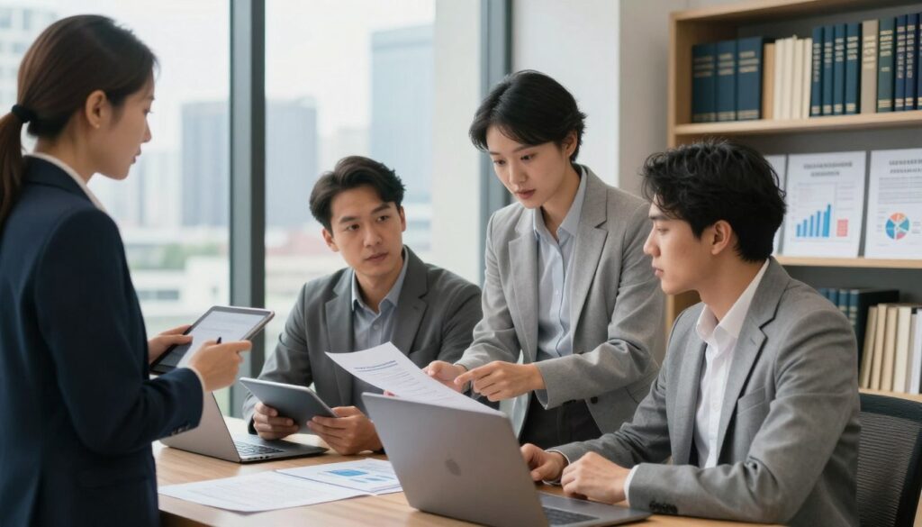A modern office environment showcasing a group of diverse professionals engaged in a discussion about real estate development regulations. In the foreground, a woman in business attire is presenting documents while two men, one with a tablet and the other with a laptop, are attentively reviewing the materials. The middle-ground features a large glass window that reveals a city skyline, indicating a bustling urban setting. The background displays charts and legal books related to licensing and deregulation on shelves, enhancing the focus on formal requirements. Soft, natural lighting filters through the window, creating a professional and inspiring atmosphere that highlights collaboration and learning in the development industry. A modern office environment showcasing a group of diverse professionals engaged in a discussion about real estate development regulations. In the foreground, a woman in business attire is presenting documents while two men, one with a tablet and the other with a laptop, are attentively reviewing the materials. The middle-ground features a large glass window that reveals a city skyline, indicating a bustling urban setting. The background displays charts and legal books related to licensing and deregulation on shelves, enhancing the focus on formal requirements. Soft, natural lighting filters through the window, creating a professional and inspiring atmosphere that highlights collaboration and learning in the development industry.
