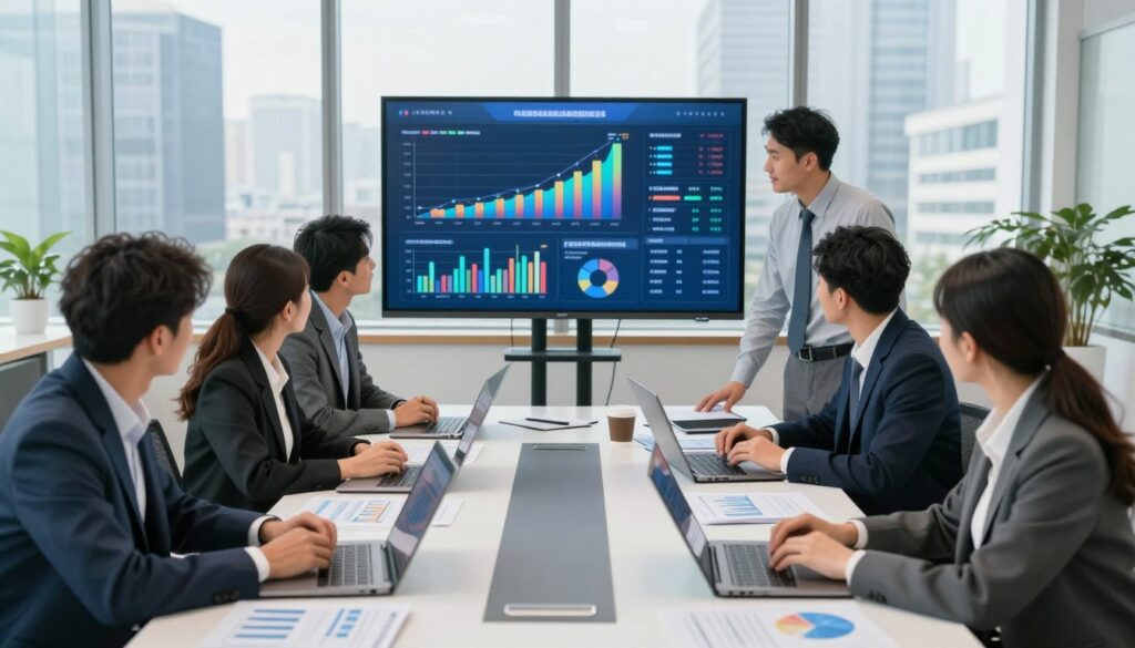 A modern office environment showcasing teamwork and analysis in the realm of business management. In the foreground, a diverse group of professionals in business attire, including men and women, collaborate around a sleek conference table filled with laptops, charts, and financial reports. In the middle ground, a large digital screen displays vibrant graphs and analytics data, emphasizing the tech-driven aspect of business finance. The background reveals large windows with cityscape views, infused with natural light creating a bright, optimistic atmosphere. The scene conveys a sense of dynamic growth and development, reflecting the importance of management, finance, and business analytics for organizational advancement. The composition is captured from a slightly elevated angle, adding depth and breadth to the workspace.