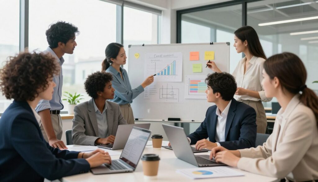 A modern office environment showcasing teamwork and collaboration. In the foreground, diverse professionals, including a Black woman, a South Asian man, and a Caucasian woman, dressed in smart business attire, are engaged in a brainstorming session around a circular table, their laptops open and documents spread out. In the middle, a large whiteboard covered with colorful charts and notes captures their dynamic discussions. The background features floor-to-ceiling windows with natural light pouring in, illuminating the workspace with a bright and energetic atmosphere. Subtle details like coffee cups and plants add warmth to the scene. The mood is focused and collaborative, conveying the essence of teamwork within a professional setting, emphasizing the daily responsibilities and tasks involved.