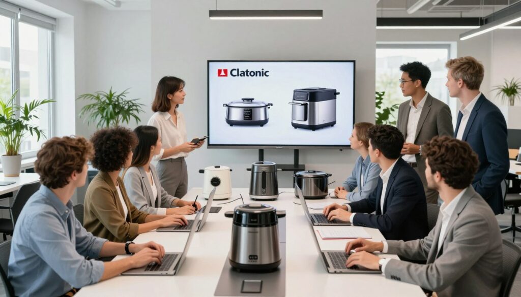 A modern office environment showcasing the Clatronic brand's profile. In the foreground, a diverse group of professionals wearing smart business attire devising strategies, engaging with Clatronic products like kitchen appliances and electronics on a sleek conference table. In the middle, a large screen displaying the Clatronic logo along with product images, illustrating their market presence in Poland. The background features a well-organized workspace with bright lighting, plants for a touch of freshness, and large windows letting in natural light, creating an inviting atmosphere. Capture this scene from a slightly elevated angle, promoting a sense of teamwork and innovation, with a focus on professionalism and dynamism.