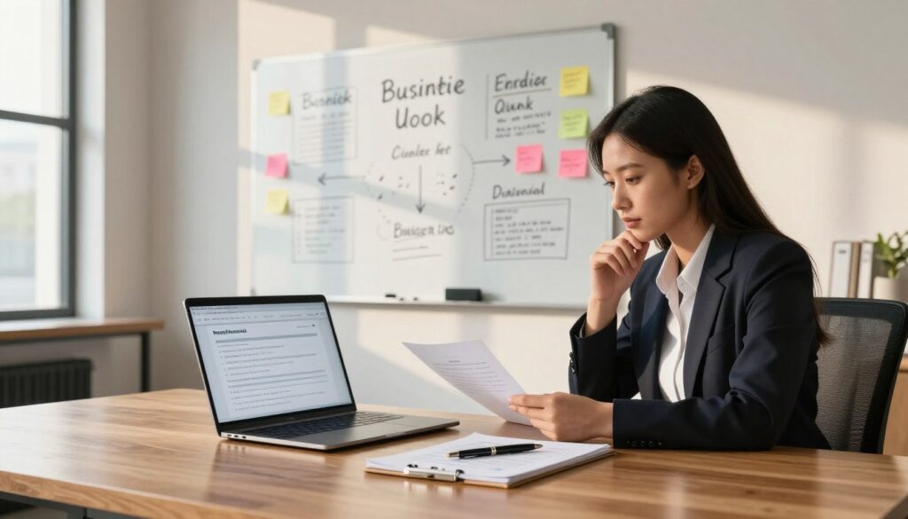 A modern office scene focusing on a neatly organized workspace that reflects the theme of business registration. In the foreground, a polished wooden desk is adorned with a laptop displaying a registration form, a notepad with brand ideas, and a stylish pen. A business professional in smart attire is seated at the desk, thoughtfully reviewing documents, their face displaying concentration. The middle ground features a large whiteboard filled with brainstorming ideas related to business names and addresses, accented by colorful sticky notes. In the background, tall windows let in warm, natural light, casting soft shadows on the light-colored walls. The atmosphere conveys professionalism and motivation, ideal for a section discussing business registration and its importance.