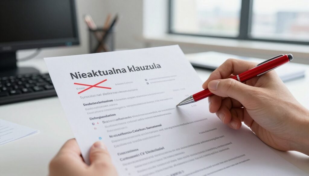 A modern office setting showcasing a cluttered desk with a focus on a CV document prominently displayed, featuring a crossed-out section labeled "Nieaktualna klauzula". In the foreground, a hand holding a red pen is poised above the CV, symbolizing the act of deletion. The background should include a light-filled window with cityscape views, creating a bright and professional atmosphere. Soft, natural light illuminates the scene, highlighting the textures of the paper and desk materials. Capture a sense of urgency and importance in the composition, using a shallow depth of field to blur the background slightly, emphasizing the CV at hand. The overall mood should convey professionalism and clarity, with a focus on best practices in CV writing.