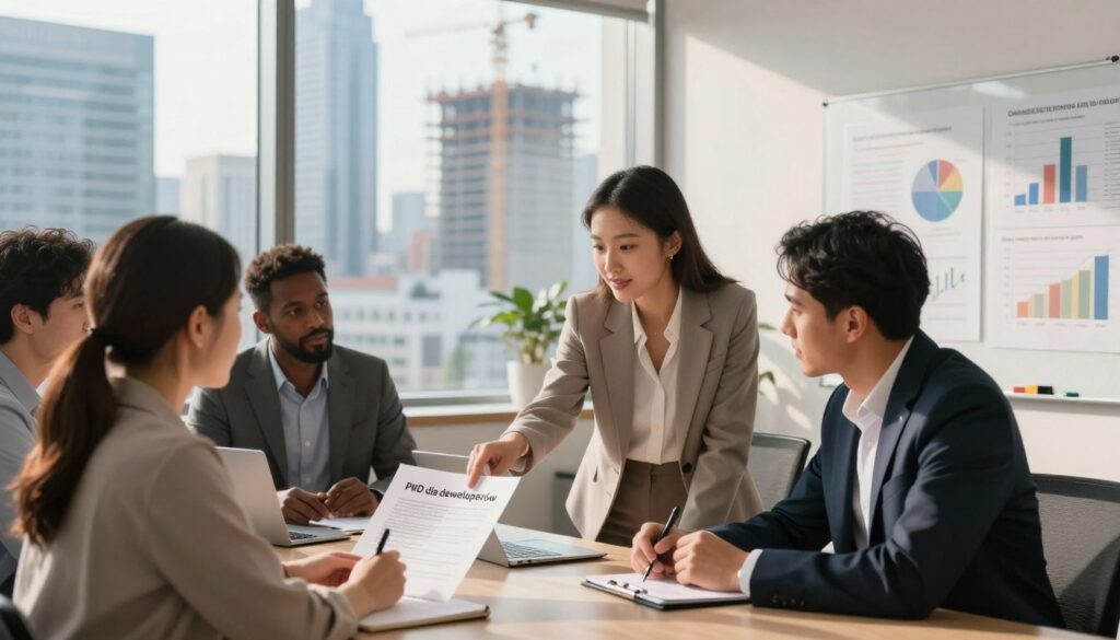 A modern office setting with an urban view, focusing on a diverse group of professional individuals engaged in a discussion about real estate development. In the foreground, a well-dressed woman points at a document labeled "PKD dla deweloperów," while an attentive man takes notes. The middle ground features a large window with city skyscrapers and cranes in the distance, symbolizing ongoing construction and investment. Soft afternoon light filters through the window, casting gentle shadows. In the background, a whiteboard displays charts and graphs related to property regulations and investment strategies. The overall atmosphere is collaborative and optimistic, reflecting the beginning of a property development journey. A modern office setting with an urban view, focusing on a diverse group of professional individuals engaged in a discussion about real estate development. In the foreground, a well-dressed woman points at a document labeled "PKD dla deweloperów," while an attentive man takes notes. The middle ground features a large window with city skyscrapers and cranes in the distance, symbolizing ongoing construction and investment. Soft afternoon light filters through the window, casting gentle shadows. In the background, a whiteboard displays charts and graphs related to property regulations and investment strategies. The overall atmosphere is collaborative and optimistic, reflecting the beginning of a property development journey.