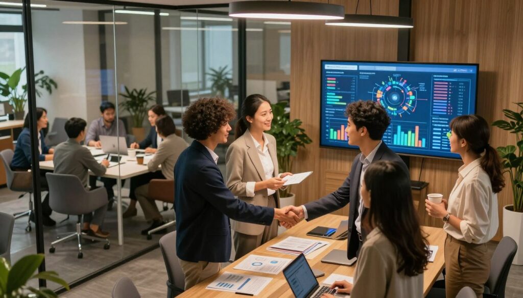 A modern office space buzzing with activity, showcasing professionals engaged in networking. In the foreground, a diverse group of three businesspeople, dressed in smart casual attire, are shaking hands and exchanging ideas over a stylish conference table. The middle ground features a large screen displaying data analytics and networking strategies, with colorful graphs and charts illuminating the scene. In the background, glass walls reveal additional team members collaborating in small groups, surrounded by plants and sleek furniture. The lighting is bright yet warm, emanating from overhead fixtures, creating an inviting atmosphere. The camera angle is slightly tilted from above, capturing the dynamic interactions and the essence of collaboration in a vibrant workplace.