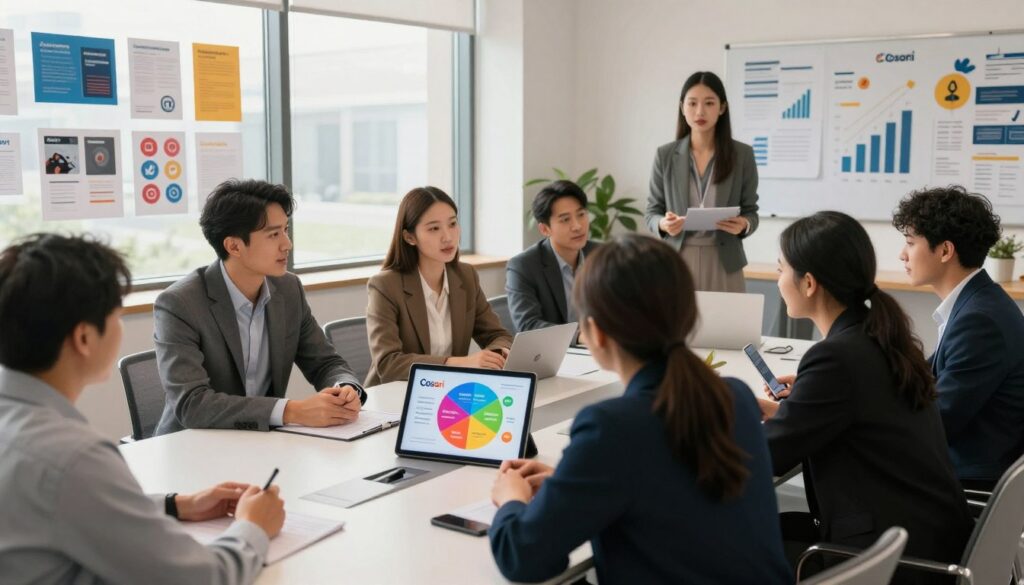 A modern office space focused on marketing strategies, featuring a sleek conference table surrounded by diverse professionals in smart business attire, engaged in a lively discussion over a digital tablet displaying "Cosori" branding. In the foreground, a visually appealing and colorful infographic illustrates brand values like innovation, quality, and customer satisfaction. The middle ground showcases a large window with natural light streaming in, highlighting diverse marketing materials such as brochures and social media icons. In the background, a subtle abstract representation of digital media elements like graphs and charts conveys growth and recognition. The atmosphere is dynamic and collaborative, with a warm color palette to reflect creativity and enthusiasm, captured from a slightly elevated angle for an immersive perspective. A modern office space focused on marketing strategies, featuring a sleek conference table surrounded by diverse professionals in smart business attire, engaged in a lively discussion over a digital tablet displaying "Cosori" branding. In the foreground, a visually appealing and colorful infographic illustrates brand values like innovation, quality, and customer satisfaction. The middle ground showcases a large window with natural light streaming in, highlighting diverse marketing materials such as brochures and social media icons. In the background, a subtle abstract representation of digital media elements like graphs and charts conveys growth and recognition. The atmosphere is dynamic and collaborative, with a warm color palette to reflect creativity and enthusiasm, captured from a slightly elevated angle for an immersive perspective.