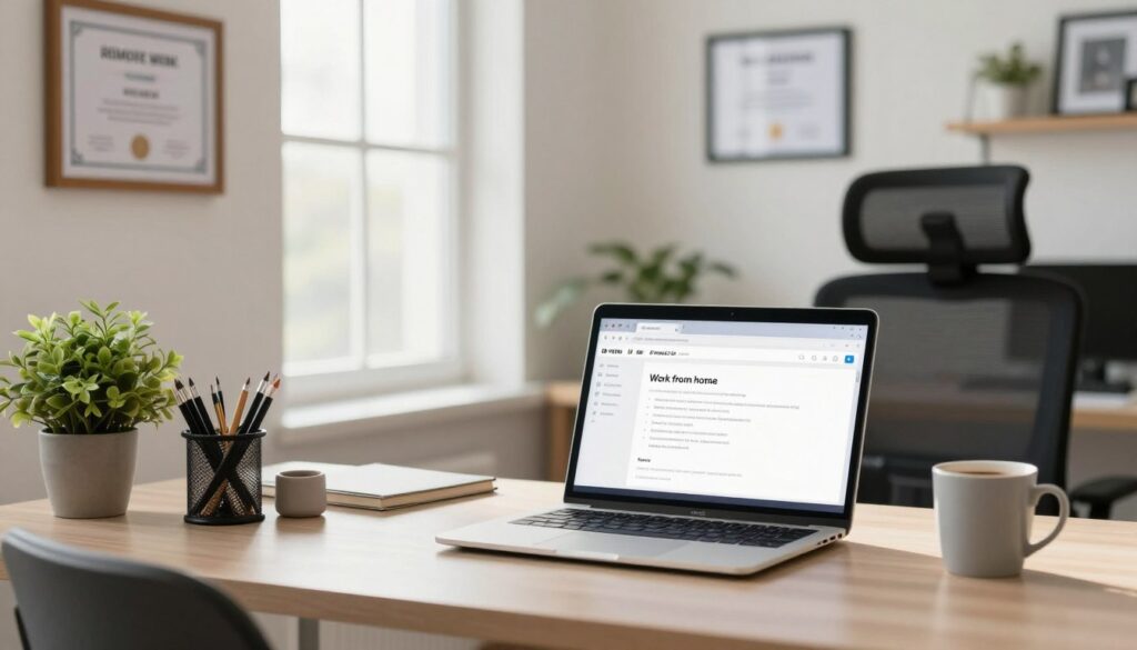 A modern office workspace set up for remote work, featuring a stylish desk with a laptop displaying an email draft on work-from-home policies. Foreground includes a desk organizer with stationery, a potted plant for a touch of nature, and a coffee mug. Middle ground highlights a comfortable ergonomic chair and a wall with framed certificates related to remote work regulations. The background shows a soft-focused window with natural light streaming in, creating a warm and inviting atmosphere. The scene emphasizes professionalism and productivity, with neutral color tones complemented by some greenery. The composition should evoke a sense of order and clarity, suitable for discussing regulations around remote work.