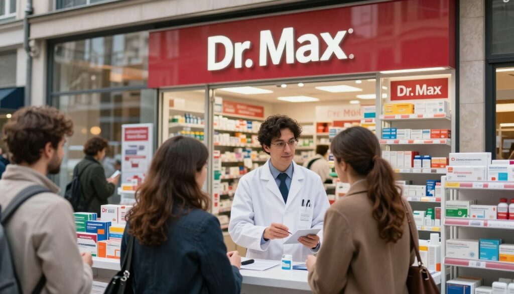 A modern pharmacy chain, Dr. Max, is depicted in a bustling urban environment in Europe, showcasing both a retail storefront and a professional atmosphere. In the foreground, a pharmacist in professional business attire interacts with a customer, providing personalized service. The middle ground features people browsing various health products and over-the-counter medications, while bright, inviting signage showcases Dr. Max branding. In the background, a glass facade reflects a vibrant cityscape, illuminated by soft, warm lighting, suggesting a sense of community and trust. The overall mood conveys professionalism, accessibility, and care in the health sector, emphasizing the importance of pharmacies like Dr. Max in everyday life. The image captures the dynamic nature of the pharmacy experience, focusing on the interaction between staff and customers.