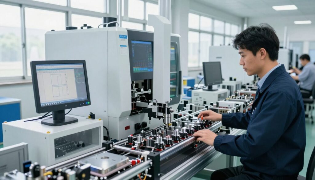 A modern production facility focused on quality control, showcasing high-tech machinery and monitoring systems. In the foreground, a professional engineer in business attire inspects a sleek, automated assembly line, filled with shiny components. The middle ground features sophisticated quality assessment tools and digital displays, reflecting real-time data. In the background, large windows bathe the scene in natural light, highlighting the clean, organized workspace. The atmosphere is one of innovation and responsibility, emphasizing precision and efficiency in manufacturing. Capture the image from a slightly elevated angle, showcasing the interplay between the human element and advanced technology, creating a sense of harmony between people and machines.