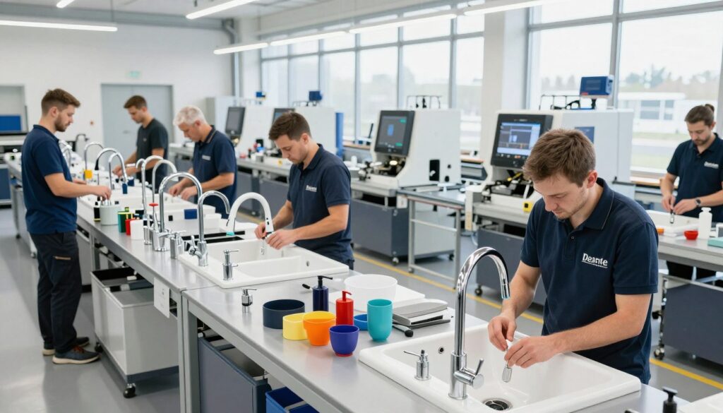 A modern production line set in a bright, clean factory in Poland, showcasing the creation of Deante products. In the foreground, skilled workers in professional attire are focused on assembling high-quality kitchen and bathroom fixtures, such as faucets and sinks. The middle ground features advanced machinery and tools that highlight the meticulous craftsmanship involved. In the background, large windows allow natural light to flood the space, illuminating the vibrant colors of the products being created. The overall atmosphere conveys a sense of pride and dedication to quality, reflecting the meaning of "Made in Poland." The scene is dynamic, with an emphasis on collaboration and innovation, captured from a slightly elevated angle to give a comprehensive view of the production process. A modern production line set in a bright, clean factory in Poland, showcasing the creation of Deante products. In the foreground, skilled workers in professional attire are focused on assembling high-quality kitchen and bathroom fixtures, such as faucets and sinks. The middle ground features advanced machinery and tools that highlight the meticulous craftsmanship involved. In the background, large windows allow natural light to flood the space, illuminating the vibrant colors of the products being created. The overall atmosphere conveys a sense of pride and dedication to quality, reflecting the meaning of "Made in Poland." The scene is dynamic, with an emphasis on collaboration and innovation, captured from a slightly elevated angle to give a comprehensive view of the production process.