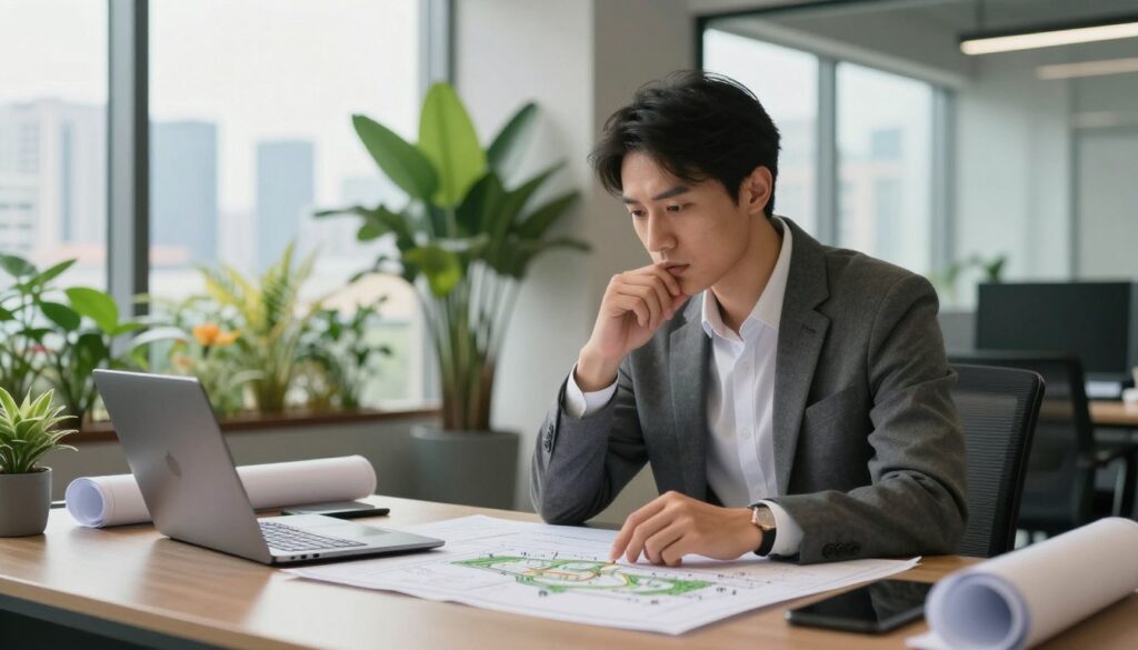 A modern, professional landscape architect in a sleek office setting, deep in thought as they analyze landscape plans and business strategies. The foreground features a polished desk with blueprints and a laptop, indicating a B2B environment. In the middle ground, soft natural light filters through large windows, enhancing a vibrant indoor plant display, suggesting a connection to nature. The background showcases a city skyline, symbolizing growth and business opportunities. The architect is dressed in smart casual attire, exuding professionalism and creativity. The atmosphere is focused and inspiring, with a slight warm hue from the lighting, creating an inviting workspace that reflects ambition and a forward-thinking mindset. A modern, professional landscape architect in a sleek office setting, deep in thought as they analyze landscape plans and business strategies. The foreground features a polished desk with blueprints and a laptop, indicating a B2B environment. In the middle ground, soft natural light filters through large windows, enhancing a vibrant indoor plant display, suggesting a connection to nature. The background showcases a city skyline, symbolizing growth and business opportunities. The architect is dressed in smart casual attire, exuding professionalism and creativity. The atmosphere is focused and inspiring, with a slight warm hue from the lighting, creating an inviting workspace that reflects ambition and a forward-thinking mindset.