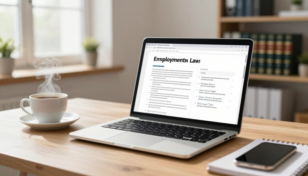 A modern, professional workspace featuring a laptop and a notepad with handwritten notes about remote work regulations. The foreground showcases a neatly arranged desk with a steaming coffee cup and a phone. In the middle, the laptop displays a legal document about employment laws, illuminated by soft daylight streaming through a window. The background depicts a well-organized office with shelves holding law books and a small plant for a touch of greenery. The lighting is warm and inviting, creating a productive atmosphere. The mood is focused yet calm, emphasizing professionalism and responsibility. The scene captures the essence of compliance and employer obligations in a remote work setting.