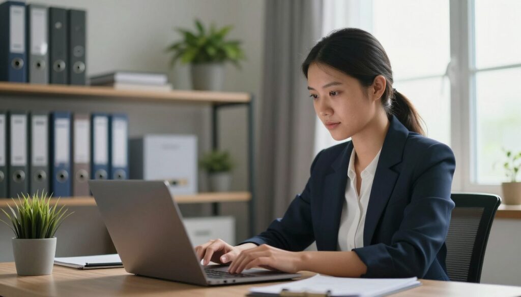 A modern remote work setting featuring a well-organized home office. In the foreground, a business professional, dressed in smart casual attire, sits at a desk with a laptop open, focusing intently on its screen. A subtle glow from the laptop illuminates their face, creating a warm and inviting atmosphere. In the middle ground, a shelf displays organizational items like files and a potted plant, symbolizing data management and personal information security. The background features a window with soft, natural daylight filtering in, enhancing the feeling of a productive workspace. The overall mood of the image is focused and serene, reflecting the importance of BHP and personal data protection in remote work.