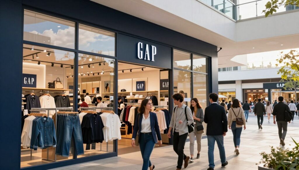 A modern retail environment showcasing a bustling GAP store, prominently featuring the store's exterior with large glass windows reflecting the sky. In the foreground, include a well-dressed, diverse group of professional shoppers browsing the store. The middle ground should display neatly organized clothing racks showcasing GAP's signature casual wear, including denim and essentials. The background transitions into a vibrant shopping plaza with silhouettes of people walking and other brand stores, under a soft, sunny ambiance that brings warmth to the scene. Use natural lighting to highlight the textures of the clothing and create an inviting atmosphere. The image should convey a sense of brand prominence and market presence in the apparel industry.