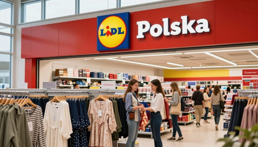 A modern retail store front of Lidl Polska, showcasing its bright red and yellow logo prominently. The foreground features neatly arranged shelves filled with Esmara clothing, displaying stylish women's apparel like dresses and casual wear. In the middle ground, a cheerful staff member, dressed in professional attire, assists a customer who is inspecting a garment. The background captures a well-lit, inviting store environment, with shoppers browsing aisles filled with various products. Natural light filters through large windows, creating a warm and welcoming atmosphere. The perspective is slightly angled to highlight both the clothing racks and the engaged interaction between staff and customers, emphasizing the community-focused vibe of the store.