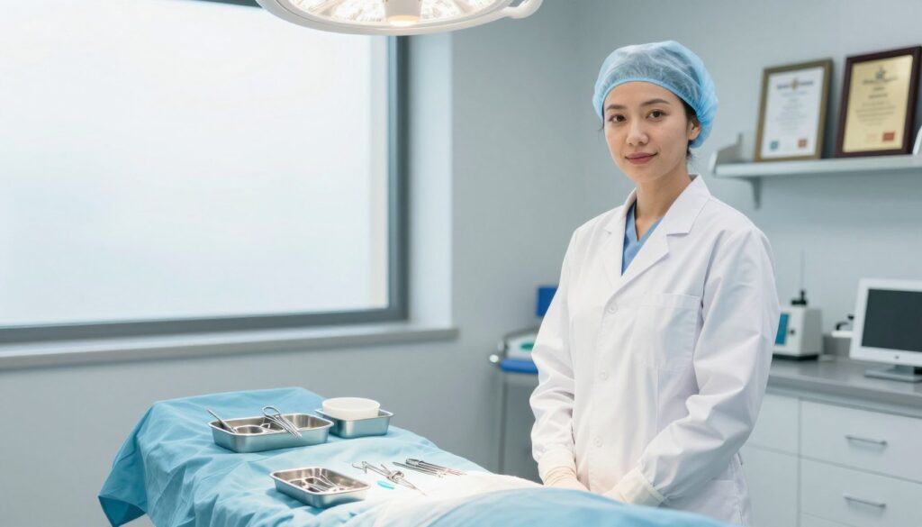 A modern surgical office setting featuring a confident, professional plastic surgeon in a crisp white coat, standing beside a well-equipped operating table. In the foreground, there are surgical instruments neatly arranged in sterile trays, symbolizing precision and care. The middle ground showcases a large window allowing natural light to illuminate the space, creating a calm and focused atmosphere. In the background, framed certificates and medical awards subtly indicate the surgeon’s expertise and success, reflecting factors that contribute to earnings in the field. The lighting is bright, enhancing the clean and sterile environment, while the angle captures both the surgeon and the tools, emphasizing professionalism in a medical context. A modern surgical office setting featuring a confident, professional plastic surgeon in a crisp white coat, standing beside a well-equipped operating table. In the foreground, there are surgical instruments neatly arranged in sterile trays, symbolizing precision and care. The middle ground showcases a large window allowing natural light to illuminate the space, creating a calm and focused atmosphere. In the background, framed certificates and medical awards subtly indicate the surgeon’s expertise and success, reflecting factors that contribute to earnings in the field. The lighting is bright, enhancing the clean and sterile environment, while the angle captures both the surgeon and the tools, emphasizing professionalism in a medical context.