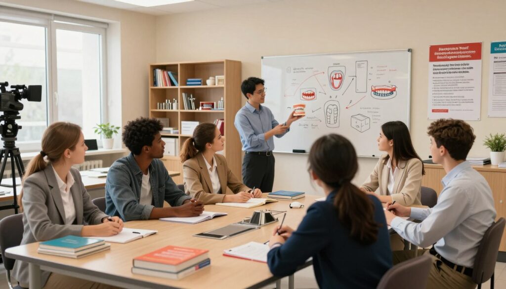 A modern university classroom setting, dedicated to dental studies. In the foreground, a diverse group of students, dressed in professional business attire, engages in lively discussion around a large table filled with dental textbooks and study materials. In the middle ground, an instructor, demonstrating a dental model, stands by a whiteboard filled with diagrams of tooth anatomy and dental procedures. The background features shelves filled with dental tools and educational posters highlighting the recruitment process for dental school in Poland. The lighting is warm and inviting, with soft overhead lights and natural light streaming in from large windows, creating an atmosphere of enthusiasm and professionalism. A camera angle capturing the action at eye level enhances the sense of engagement and focus on their future careers in dentistry. A modern university classroom setting, dedicated to dental studies. In the foreground, a diverse group of students, dressed in professional business attire, engages in lively discussion around a large table filled with dental textbooks and study materials. In the middle ground, an instructor, demonstrating a dental model, stands by a whiteboard filled with diagrams of tooth anatomy and dental procedures. The background features shelves filled with dental tools and educational posters highlighting the recruitment process for dental school in Poland. The lighting is warm and inviting, with soft overhead lights and natural light streaming in from large windows, creating an atmosphere of enthusiasm and professionalism. A camera angle capturing the action at eye level enhances the sense of engagement and focus on their future careers in dentistry.