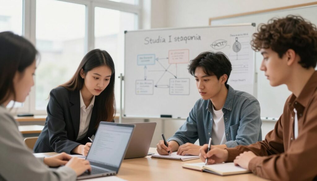 A modern university classroom setting, featuring a diverse group of students engaged in a discussion about higher education. In the foreground, a young woman in professional attire leans over a laptop, while a young man takes notes with a notepad. In the middle ground, a whiteboard showcases various diagrams related to the Polish higher education system, specifically focusing on "Studia I stopnia". The background reveals large windows allowing soft, natural light to illuminate the room, enhancing a warm and collaborative atmosphere. The overall mood is one of concentration and ambition, reflecting the pursuit of knowledge in a vibrant academic environment. The angle captures the interaction between students and the educational setting without any text or distractions. A modern university classroom setting, featuring a diverse group of students engaged in a discussion about higher education. In the foreground, a young woman in professional attire leans over a laptop, while a young man takes notes with a notepad. In the middle ground, a whiteboard showcases various diagrams related to the Polish higher education system, specifically focusing on "Studia I stopnia". The background reveals large windows allowing soft, natural light to illuminate the room, enhancing a warm and collaborative atmosphere. The overall mood is one of concentration and ambition, reflecting the pursuit of knowledge in a vibrant academic environment. The angle captures the interaction between students and the educational setting without any text or distractions.
