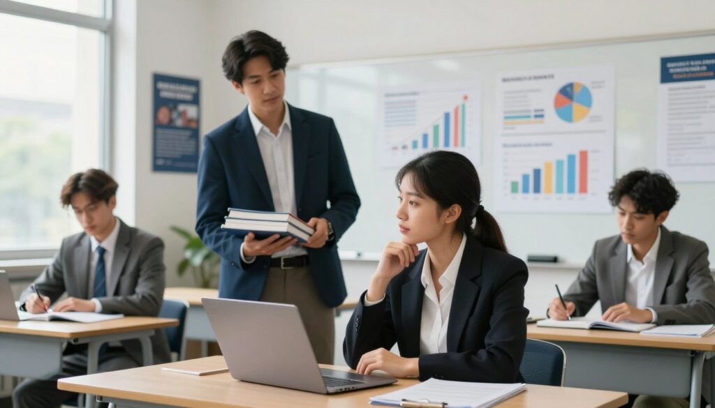 A modern university classroom setting, featuring a diverse group of three students in professional business attire engaged in a discussion about master's degree costs. In the foreground, a young woman is sitting at a desk with a laptop open, looking thoughtfully at the screen, while a man stands nearby, holding a stack of books on financial aid. Another student is sitting to the side, taking notes. The middle ground includes a whiteboard with charts and graphs illustrating tuition costs, and academic posters on the walls. The background shows large windows with soft natural light streaming in, creating a bright and optimistic atmosphere. The overall mood is focused and collaborative, highlighting the importance of navigating education expenses. A modern university classroom setting, featuring a diverse group of three students in professional business attire engaged in a discussion about master's degree costs. In the foreground, a young woman is sitting at a desk with a laptop open, looking thoughtfully at the screen, while a man stands nearby, holding a stack of books on financial aid. Another student is sitting to the side, taking notes. The middle ground includes a whiteboard with charts and graphs illustrating tuition costs, and academic posters on the walls. The background shows large windows with soft natural light streaming in, creating a bright and optimistic atmosphere. The overall mood is focused and collaborative, highlighting the importance of navigating education expenses.