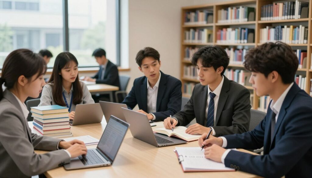 A modern university library setting, with a diverse group of young professionals in business attire engaged in discussion around a table covered with study materials and laptops. In the foreground, one individual highlights important points from a book while another takes notes. The middle ground features stacks of books and a large window allowing soft, natural light to illuminate the space, creating a warm and inviting atmosphere. In the background, a wall of bookshelves filled with academic texts and a view of students studying can be seen. The mood is collaborative and focused, capturing the essence of higher education's impact on career preparation and professional qualifications. A modern university library setting, with a diverse group of young professionals in business attire engaged in discussion around a table covered with study materials and laptops. In the foreground, one individual highlights important points from a book while another takes notes. The middle ground features stacks of books and a large window allowing soft, natural light to illuminate the space, creating a warm and inviting atmosphere. In the background, a wall of bookshelves filled with academic texts and a view of students studying can be seen. The mood is collaborative and focused, capturing the essence of higher education's impact on career preparation and professional qualifications.