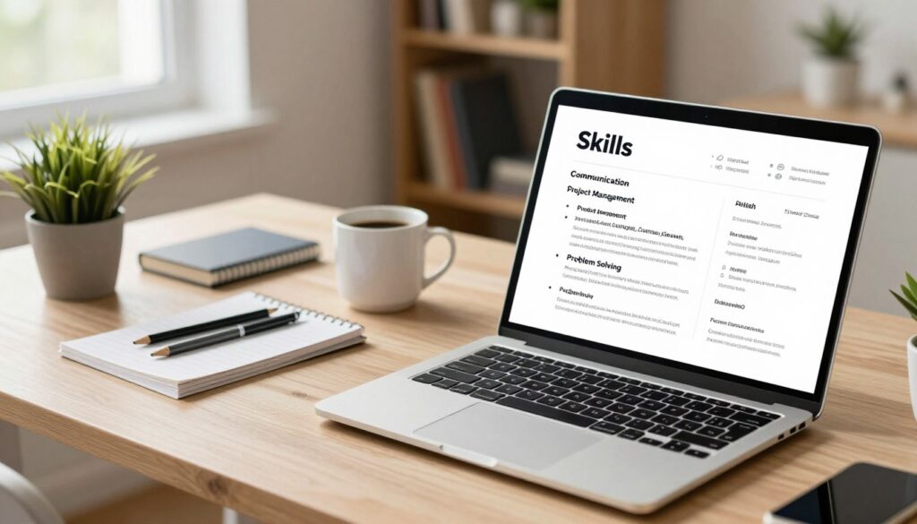 A modern, well-organized workspace featuring a stylish resume template prominently displaying a "Skills" section. In the foreground, a laptop is open with a clear view of the resume, showcasing bullet points highlighting various professional skills such as "Communication," "Project Management," and "Problem Solving." In the middle, an aesthetically pleasing desk with neatly arranged stationery, a coffee mug, and a small potted plant adds a touch of warmth. The background includes soft-focus elements like a bookshelf and a window with natural light streaming in, creating an inviting and professional atmosphere. The scene is well-lit, suggesting a productive and focused mood, captured with a warm color palette to enhance the sense of professionalism.