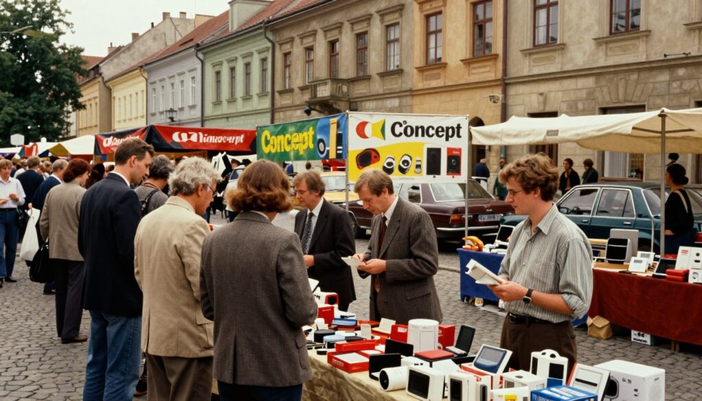 A nostalgic scene depicting a bustling market in Poland in 1991, capturing the essence of the post-communist era. In the foreground, a diverse group of people, dressed in modest business attire, are interacting and browsing various stalls selling local products, reflecting the vibrant market life. In the middle ground, colorful banners display the logo of Concept, highlighting its popular merchandise, such as electronics and household items. The background features typical Polish architecture from the early '90s, with vintage cars parked along the cobblestone streets. Warm, natural lighting bathes the scene, evoking a sense of community and optimism. The angle is slightly elevated, allowing for a comprehensive view of the bustling environment while focusing on the engagement between vendors and customers. A nostalgic scene depicting a bustling market in Poland in 1991, capturing the essence of the post-communist era. In the foreground, a diverse group of people, dressed in modest business attire, are interacting and browsing various stalls selling local products, reflecting the vibrant market life. In the middle ground, colorful banners display the logo of Concept, highlighting its popular merchandise, such as electronics and household items. The background features typical Polish architecture from the early '90s, with vintage cars parked along the cobblestone streets. Warm, natural lighting bathes the scene, evoking a sense of community and optimism. The angle is slightly elevated, allowing for a comprehensive view of the bustling environment while focusing on the engagement between vendors and customers.