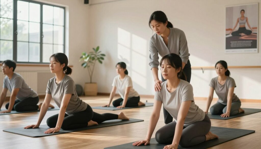 A peaceful and empowering image depicting a diverse group of individuals engaged in gentle exercises designed for those with scoliosis. In the foreground, two people—one male and one female—practice a stretching routine, demonstrating proper form and alignment, both wearing comfortable, modest activewear. In the middle, a trained instructor, dressed in business casual attire, observes and provides guidance, fostering a supportive atmosphere. The background features a serene gym space with natural lighting filtering through large windows, casting soft shadows, and motivational posters on the walls that emphasize health and well-being. The overall mood is encouraging and focused, highlighting the importance of safe and effective exercise for people with scoliosis. The image conveys a sense of community, support, and empowerment in managing spinal health.