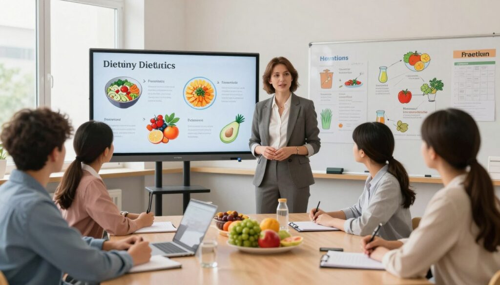 A peaceful, modern classroom setting where a professional dietitian is engaging with students. In the foreground, a female dietitian dressed in professional business attire is presenting a colorful array of healthy foods and nutritional charts to attentive students. The middle ground features a smart board displaying educational material about dietetics, with images of balanced meals and nutrient information. In the background, large windows allow natural light to illuminate the room, creating a warm and inviting atmosphere. The overall mood is focused and inspiring, highlighting the journey toward becoming a dietitian in Poland. The scene captures a sense of community, learning, and professionalism, emphasizing the educational pathways available in this field.