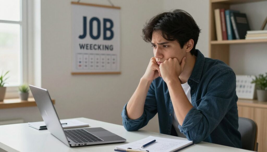 A pensive young adult sitting at a simple desk in a cozy, well-lit room, dressed in smart casual attire, with focused expressions reflecting contemplation and uncertainty. The foreground features a laptop opened to a job search website, alongside a notepad filled with handwritten notes. In the middle, a motivational poster about job seeking hangs on the wall, while a calendar indicates the days counting down until an upcoming appointment at the employment office. The background shows a small shelf filled with career-oriented books, and a window allowing soft natural light to illuminate the scene, creating a hopeful yet subdued atmosphere. The angle is slightly above eye level, capturing a sincere and relatable moment of job searching. A pensive young adult sitting at a simple desk in a cozy, well-lit room, dressed in smart casual attire, with focused expressions reflecting contemplation and uncertainty. The foreground features a laptop opened to a job search website, alongside a notepad filled with handwritten notes. In the middle, a motivational poster about job seeking hangs on the wall, while a calendar indicates the days counting down until an upcoming appointment at the employment office. The background shows a small shelf filled with career-oriented books, and a window allowing soft natural light to illuminate the scene, creating a hopeful yet subdued atmosphere. The angle is slightly above eye level, capturing a sincere and relatable moment of job searching.