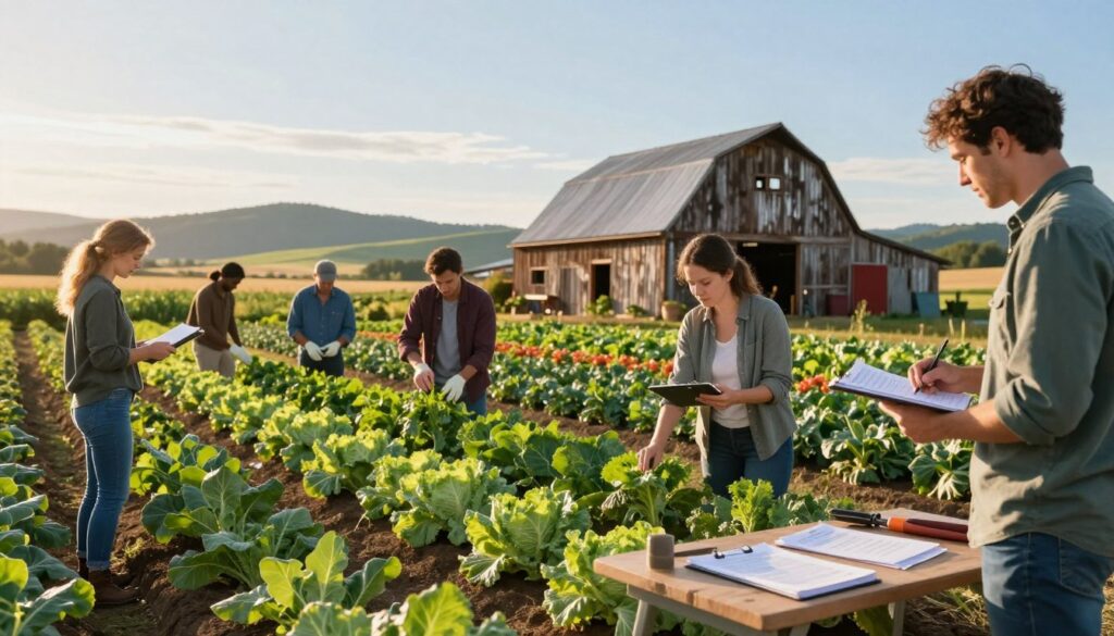 A picturesque agricultural scene illustrating a rural farm setting during the golden hour, where the sun casts a warm glow on a thriving vegetable garden. In the foreground, a diverse group of individuals dressed in smart casual clothing, including a woman examining plants with a notepad and a man demonstrating farming techniques. In the middle ground, rows of healthy crops and a weathered barn add depth, with tools and documents on a table symbolizing the preparation of evidence for agricultural work. The background features rolling hills and a clear blue sky, creating a serene and hardworking atmosphere. The lighting is soft and inviting, emphasizing the dedication to farm work and the importance of thorough documentation.
