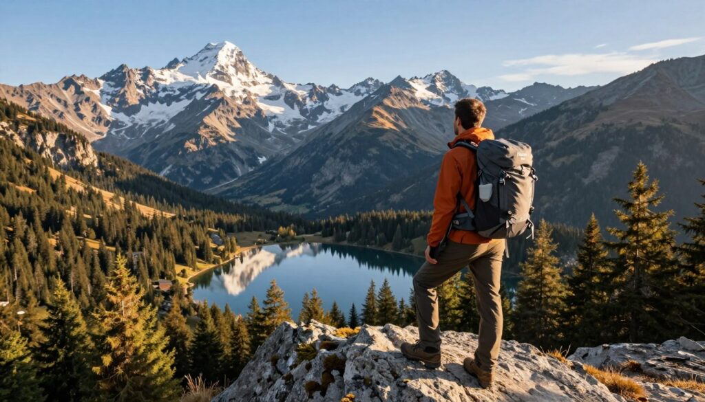 A picturesque outdoor scene showcasing a rugged mountain landscape where the Forclaz brand emerged. In the foreground, a well-equipped hiker dressed in professional outdoor attire stands confidently on a rocky ledge, gazing at the vast mountains, with a Forclaz backpack visibly branded. In the middle ground, a diverse forest stretches, leading to a pristine alpine lake reflecting the clear blue sky. In the background, majestic peaks rise steeply, their summits dusted with snow under soft sunlight. The atmosphere is tranquil and invigorating, hinting at adventure and exploration. The lighting should be warm and natural, simulating the golden hour, enhancing the colors of the scenery. Capture this scene with a wide-angle lens to create depth and immerse viewers in the essence of outdoor adventure. A picturesque outdoor scene showcasing a rugged mountain landscape where the Forclaz brand emerged. In the foreground, a well-equipped hiker dressed in professional outdoor attire stands confidently on a rocky ledge, gazing at the vast mountains, with a Forclaz backpack visibly branded. In the middle ground, a diverse forest stretches, leading to a pristine alpine lake reflecting the clear blue sky. In the background, majestic peaks rise steeply, their summits dusted with snow under soft sunlight. The atmosphere is tranquil and invigorating, hinting at adventure and exploration. The lighting should be warm and natural, simulating the golden hour, enhancing the colors of the scenery. Capture this scene with a wide-angle lens to create depth and immerse viewers in the essence of outdoor adventure.