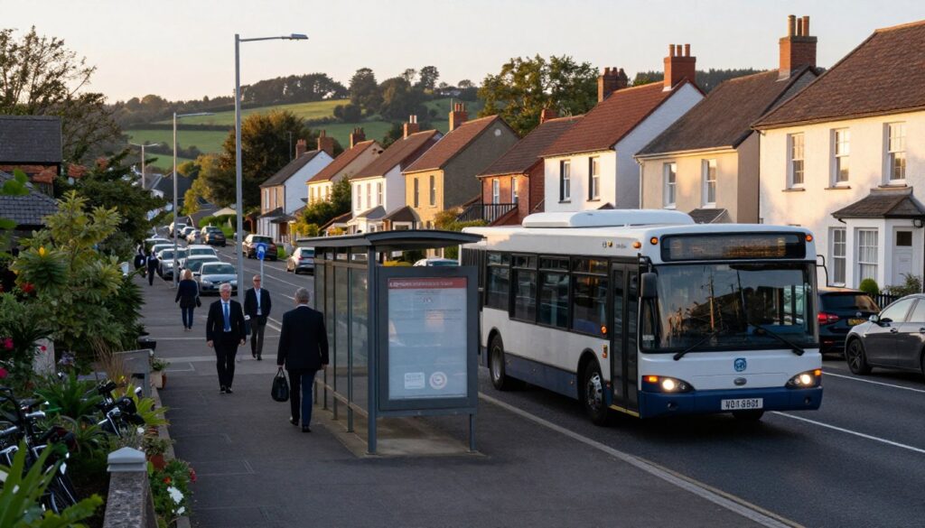 A picturesque small town scene set in a quiet evening light. In the foreground, a well-organized bus stop with a sleek bus arriving, emphasizing connectivity for commuters from other locations. Middle ground features a quaint street lined with charming houses and neatly parked cars, reflecting a typical residential area. People dressed in professional business attire are waiting at the bus stop and walking nearby, exuding a sense of purpose and urgency. In the background, gentle hills and trees create a serene atmosphere, bathed in the soft glow of the setting sun. The mood is calm yet industrious, capturing the essence of daily commuting from neighboring towns. Use a warm color palette for enhancing the evening vibe, captured with a slight tilt-angle for a dynamic perspective.