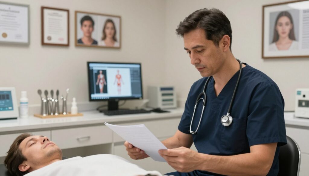 A private plastic surgeon in a sophisticated clinic, meticulously examining a patient's file in a modern consultation room. The foreground features the surgeon, a middle-aged person in professional attire, focused and confident, with a stethoscope draped around their neck. The middle background shows elegant surgical instruments arranged neatly on a countertop, alongside a computer display showing graphics of human anatomy. The walls are adorned with tasteful medical certificates and framed images of patient transformations. Soft, diffused lighting enhances a calm, professional atmosphere, captured with a slightly blurred depth of field to emphasize the surgeon's concentration while creating a welcoming environment. The angle is a slightly elevated view, providing perspective on both the surgeon and the sophisticated surroundings, highlighting the blend of art and science in aesthetic medicine. A private plastic surgeon in a sophisticated clinic, meticulously examining a patient's file in a modern consultation room. The foreground features the surgeon, a middle-aged person in professional attire, focused and confident, with a stethoscope draped around their neck. The middle background shows elegant surgical instruments arranged neatly on a countertop, alongside a computer display showing graphics of human anatomy. The walls are adorned with tasteful medical certificates and framed images of patient transformations. Soft, diffused lighting enhances a calm, professional atmosphere, captured with a slightly blurred depth of field to emphasize the surgeon's concentration while creating a welcoming environment. The angle is a slightly elevated view, providing perspective on both the surgeon and the sophisticated surroundings, highlighting the blend of art and science in aesthetic medicine.