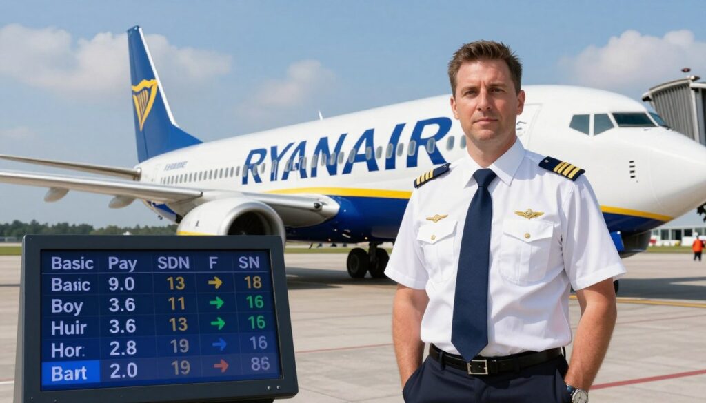 A professional Ryanair pilot standing confidently in front of a Boeing 737 at an airport ramp. The pilot is wearing a crisp airline uniform with insignia, showcasing a sense of authority and professionalism. In the foreground, a digital display board shows fluctuating salary figures relevant to pilot earnings, with graphical elements representing basic pay, hourly rates, and bonuses. The middle ground features the aircraft being serviced, highlighting the aviation environment. The background includes a blue sky with clouds and a distant control tower, evoking a sense of flight and adventure. The lighting is bright and clear, suggesting daytime, with a focus on the pilot's determined expression. The overall mood is aspirational and informative, reflecting the theme of the article. A professional Ryanair pilot standing confidently in front of a Boeing 737 at an airport ramp. The pilot is wearing a crisp airline uniform with insignia, showcasing a sense of authority and professionalism. In the foreground, a digital display board shows fluctuating salary figures relevant to pilot earnings, with graphical elements representing basic pay, hourly rates, and bonuses. The middle ground features the aircraft being serviced, highlighting the aviation environment. The background includes a blue sky with clouds and a distant control tower, evoking a sense of flight and adventure. The lighting is bright and clear, suggesting daytime, with a focus on the pilot's determined expression. The overall mood is aspirational and informative, reflecting the theme of the article.